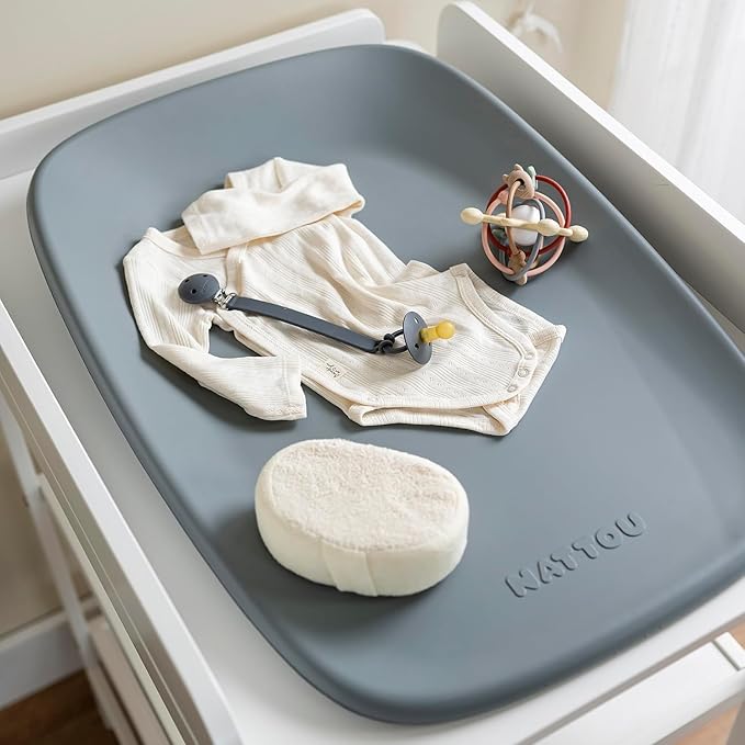 Nattou Softy Changing Pad w/Belt- Wipeable Baby Changing Mat- Durable, Water-Resistant, Cocoon Shape with Honeycomb Bottom Grips BPA-Free, Assimilates Room Temperature - Grey