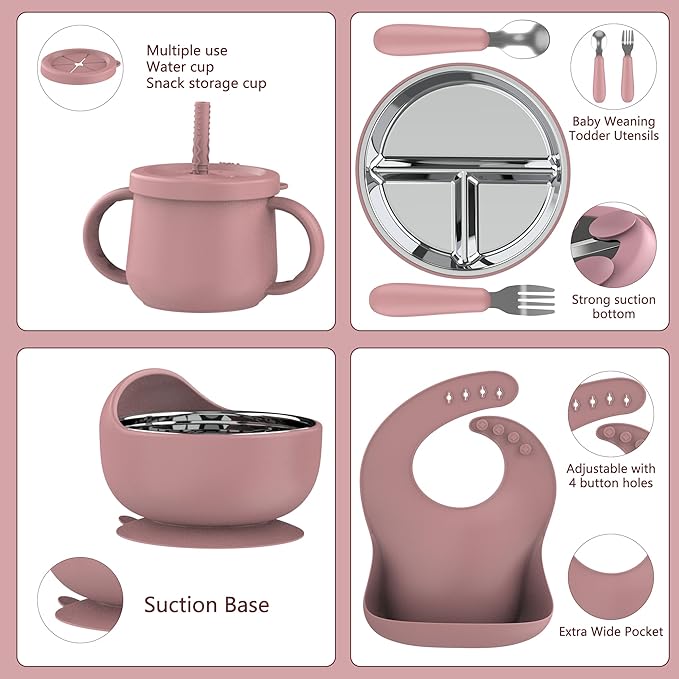 13 Pack Silicone Baby Feeding Set, BPA-Free Stainless Steel Toddler Feeding Supplies, Include Suction Plates, Baby Bowls, Silicone Fork & Spoon, and More, First Stage Baby Dish Set - 6+ Months