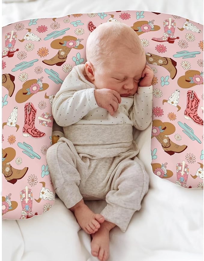 Boho Western Cowgirl Baby Nursing Pillow Covers for Girl Pink Cowgirls Boots Hat Cactus Floral Cow Skulls Nursery Slipcovers for Breastfeeding Pillows Wild West Soft Stretchy Cover for Newborn Infant