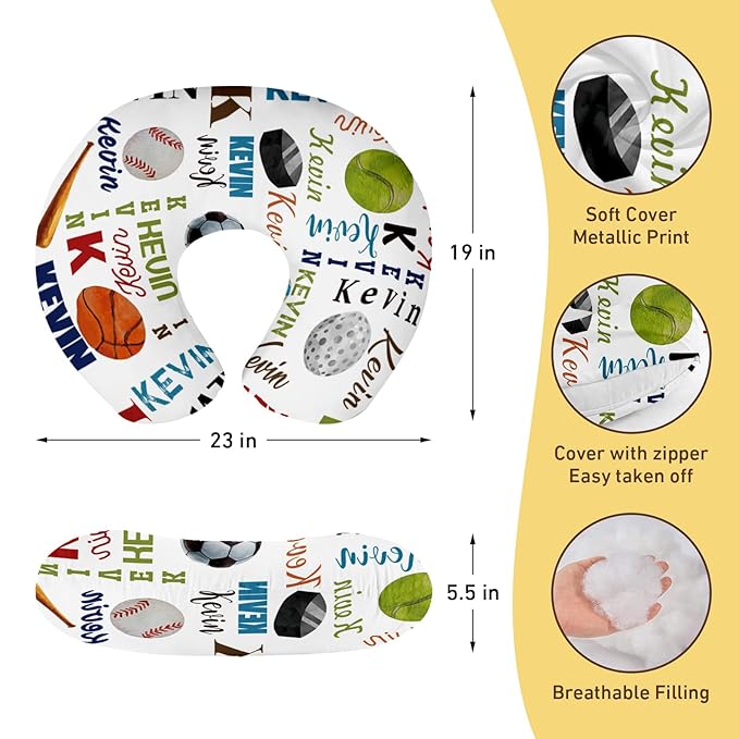 Baby Nursing Pillow Cover - Personalized Name Multi-Ball Design Breastfeeding U-Shaped for Bottle Feeding, Ultra Soft Comfortable Breastfeeding Pillow Cover for Infant Baby Boys and Girls