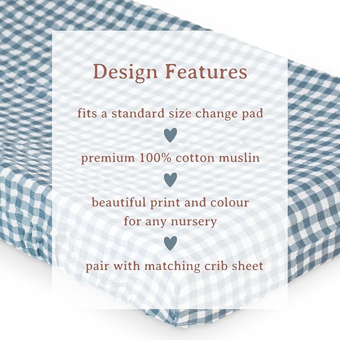 lulujo Baby Changing Pad Cover 100% Cotton Muslin Fitted Standard Size, 32 x 16 Inches, Navy Gingham