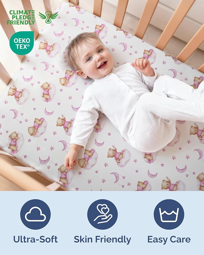 Baby Crib Sheets for Boys & Girls - Pack of 2 Fitted Microfiber Crib Sheets for Standard Crib & Toddler Mattress - Soft, Breathable & Wrinkle Free - Machine Washable, Oeko Tex - 52x28x8in - Dream Bear