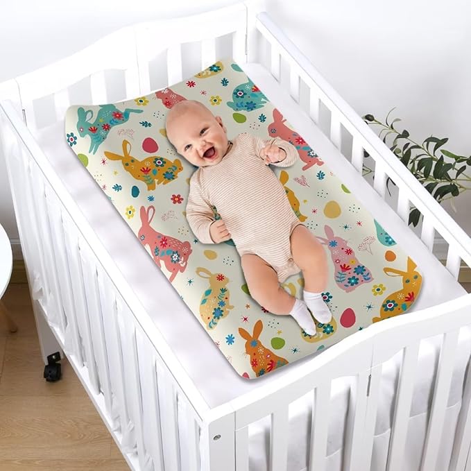 Colorful Rabbit Changing Pad Cover for Baby Girls Boy Yellow Diaper Change Table Covers Soft Stretchy Changing Mat Sheets Cover Cute Gifts for Baby