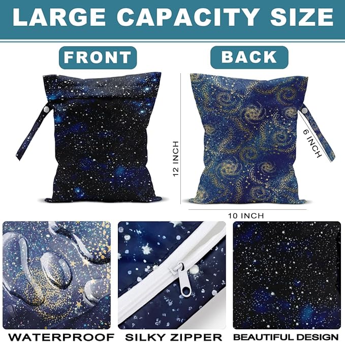 ZHAMEN 2Pcs Wet Bag, Wet Dry Bag Reusable with Zipper, Travel, Beach, Pool, Diapers, Dirty Yoga Gym Clothes, Makeup Bag, Waterproof Wetdry Packing, Blue Night Sky Decore (12x10 Inch)