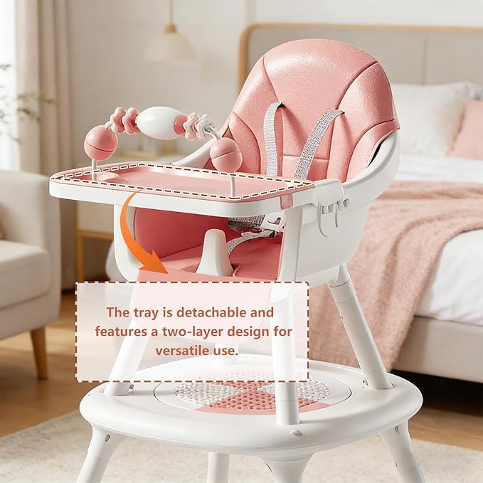 Convertible 4-in-1 Baby High Chair with Block Table, Infant to Toddler Feeding Chair with Play Tray & Built-in Toys, Removable PU Cushion, Easy to Clean Dining & Activity Chair–Pink
