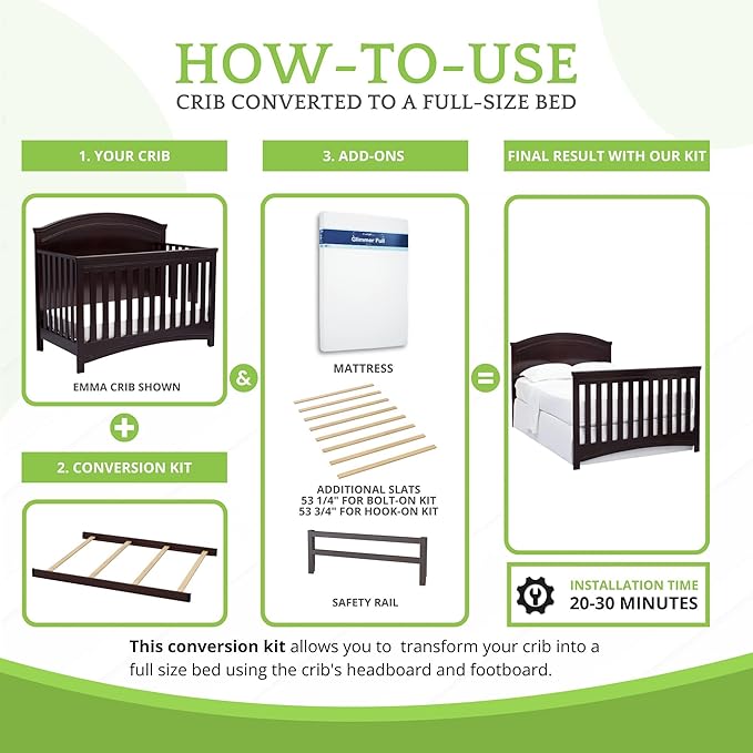 Full-Size Conversion Kit Bed Rails Compatible with Simmons Kids Convertible Cribs by Delta Children - Solid Wood Rail - Toddler and Adult Bed Rail - Nursery Furniture (Black Espresso, BOLT-ON KIT)