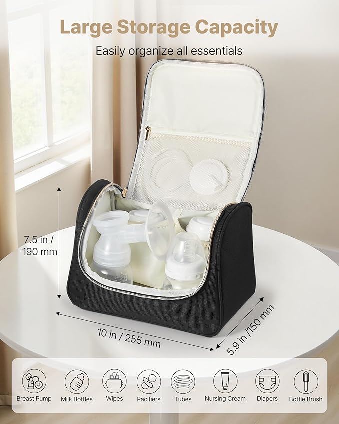 VEVOR Wearable Breast Pump Bag, Breast Feeding Bag with Waterproof Mat, Compatible with Momcozy, Medela & Elvie Pumps, Portable Pump Carrying Case for Work, Travel and Family Use, Black