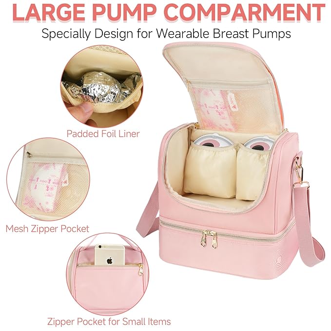 Wearable Breast Pump Bag with Cooler Compartment Fits for Willow/Elvie/Momcozy M5/S12 Pro/Medela, Breast Milk Travel Tote Bag with Ice Pack & Waterproof Mat,Pink