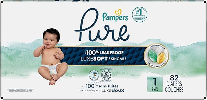 Pampers Pure Baby Diapers, Size 1 (8-14 lbs), 82, Up to 100% Leakproof, Premium Hypoallergenic Soft Diapers