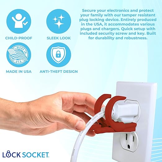Lock Socket Adjustable Outlet and Charger Lock - Red | Anti-Theft, Child-Safe Plug Lock cover | Secures 2 or 3 Pronged Plug & Adaptors, Includes Security Screw & Key | Secures Most Cords | Made in USA