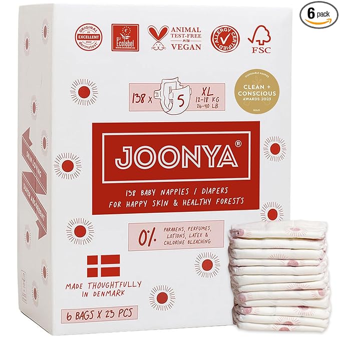 Joonya Baby Diapers, Size 5 XL (26-40 lb) - 6 Bags of 23 (138) - Non Toxic, Eco-Friendly, High Absorbency, Overnight Use, Ultra Slim & Soft - Made in Denmark