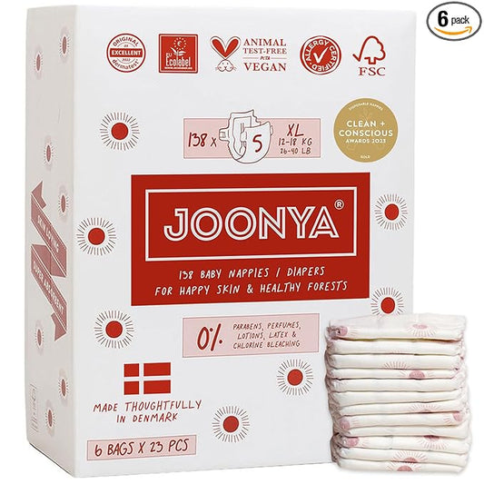 Joonya Baby Diapers, Size 5 XL (26-40 lb) - 6 Bags of 23 (138) - Non Toxic, Eco-Friendly, High Absorbency, Overnight Use, Ultra Slim & Soft - Made in Denmark