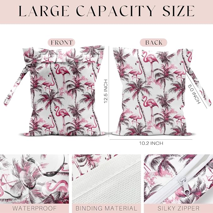 Wet Bag for Swimsuit, Beach Travel Essentials Wet Dry Bag, for Sunscreen Toiletry Dirty Clothes Yoga Gym Diaper, Friends Summer Beach Vacation Gifts. Pink Palm Tree Flamingo