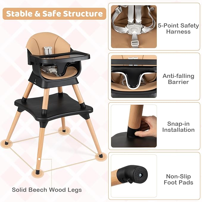 BABY JOY High Chair, 9-in-1 Convertible Highchairs for Babies and Toddlers, Booster Seat | Table & Chair Set | Stool, Adjustable Legs, Removable Tray, Safety Harness & PU Cushion (Brown)