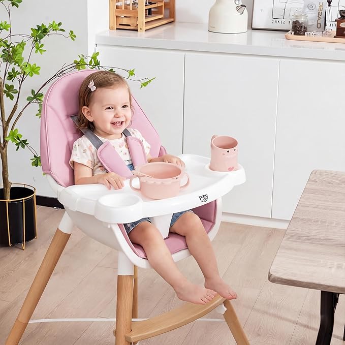 BABY JOY Baby High Chair, Wooden High Chair for Babies & Toddlers with Dishwasher Safe Double Removable Tray, Infant Feeding Chair with 5-Point Safety Harness & Detachable PU Seat Cushion (Pink)