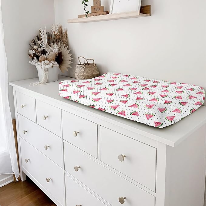 Watercolor Watermelon Dots Changing Pad Covers Watermelon Fruits Diaper Changing Table Cover Sheets for Boy Girl Boho Summer Fruits Soft Breathable Stretch Fitted Baby Changing Table Mats 32''x16''