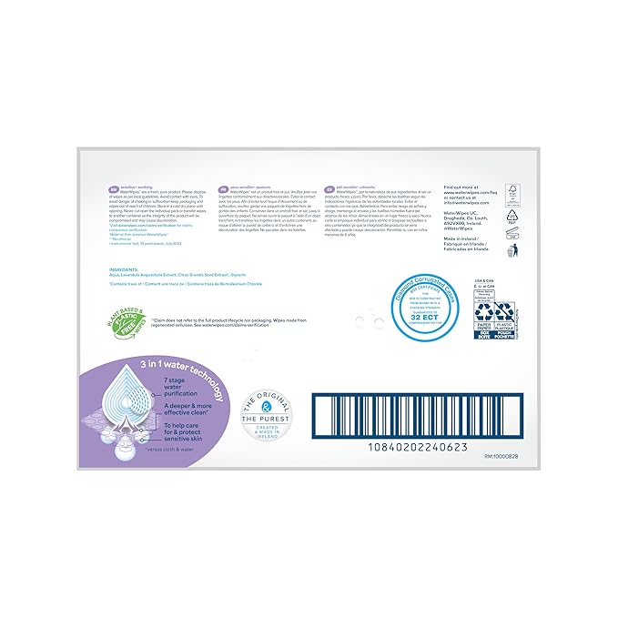 WaterWipes Plastic-Free Soothing Clean 99% Water Based Botanical Baby Wipes, Unscented & Hypoallergenic for Sensitive Skin, 12 Resealable Packs (720 Wipes)