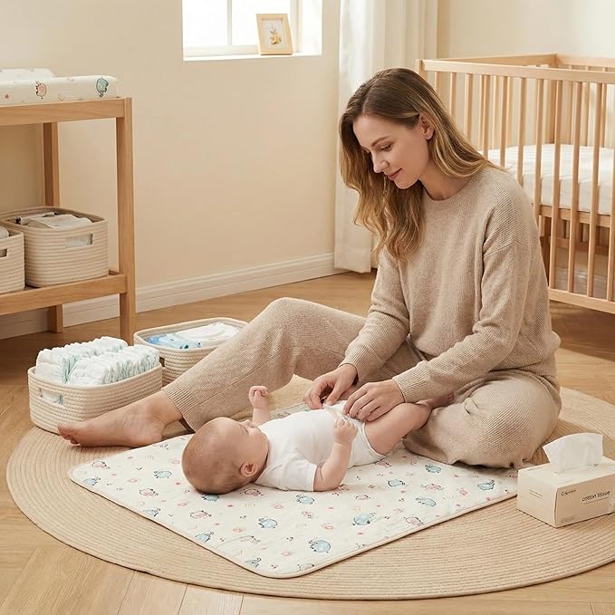 Baby Diaper Changing Pad, 19.7"x25.6" Waterproof Changing Pad Liners with 100% Muslin Cotton Front Top and Leather Back, Soft and Absorbent Portable Changing Mat for Travel, Changing Station