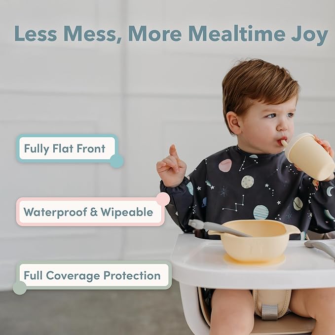 Loulou Lollipop Long Sleeve Mess Free Waterproof Bibs, for baby boys and girls 6-36 Months, Machine Washable, Travel Friendly