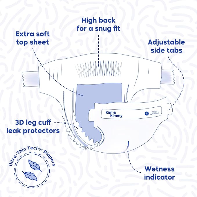 Kim & Kimmy Eco Diapers, Size 2, 9-18 lbs, 72 Diapers - 12 Hour Leak Protection, No Rashes, Hypoallergenic, Ultra-Soft & Highly Absorbent - Cruelty Free & Vegan - Green Dalmatian