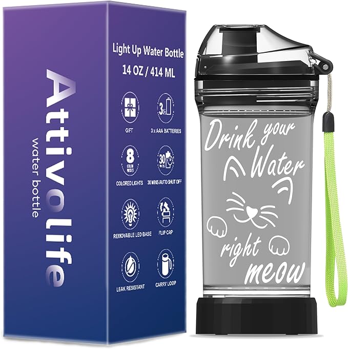 Attivolife Cute Cat Water Bottle with 3D Illusion Glowing LED Light, Travel Drinking Cup 7 Color Changing 14 OZ Tritan BPA Free, Creative Gift for Kid Boy Girl School Holiday Camping Picnic