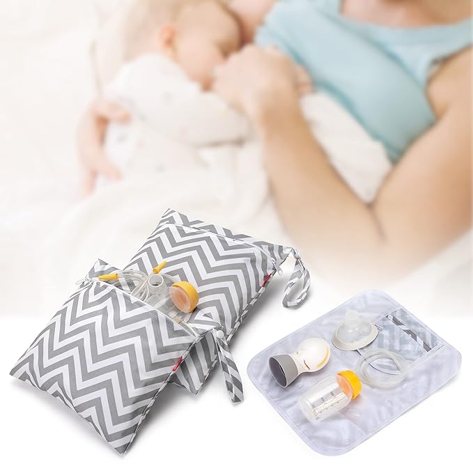 Damero Breast Pump Parts Bag, 2Pack Wet Bag for Breast Pump Parts Storage with Waterproof Mat, Gray Chevron