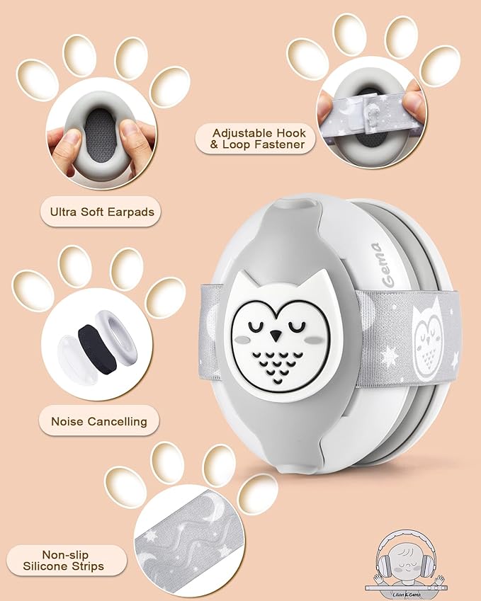 Lilian&Gema 2-in-1 Baby Ear Muffs Noise Protection up to 48 Months - Cute Owl Ear Protection for Infant & Toddler - Baby Airplane/Travel Essentials - Adjustable Noise Reduction Earmuffs, White