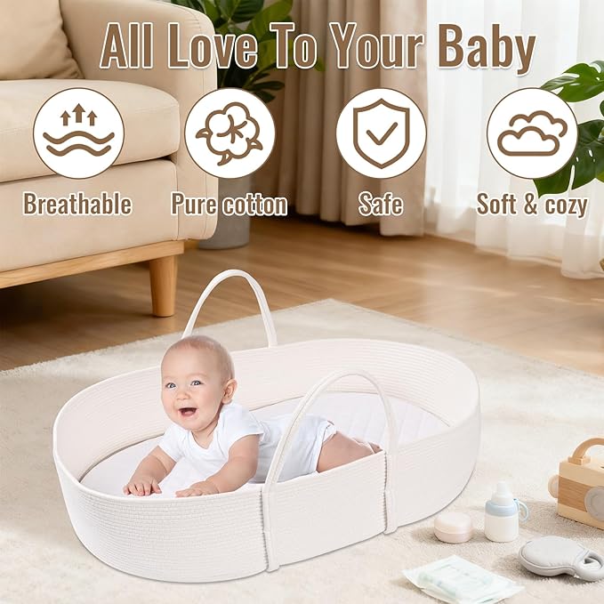 Changing Baskets Set,Moses Basket with Pad and Diaper Caddy,Set of 2 Baskets,Portable Cotton Rope Woven Basket,Replaceable Pad,Gifts for Newborn 28.7" x 15.7" x 7.8"（White）