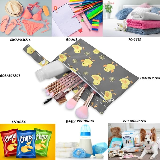 visesunny Cute Chick 2Pcs Wet Bag with Zippered Pockets Washable Reusable Roomy Diaper Bag for Travel,Beach,Pool,Daycare,Stroller,Diapers,Dirty Gym Clothes, Wet Swimsuits, Toiletries