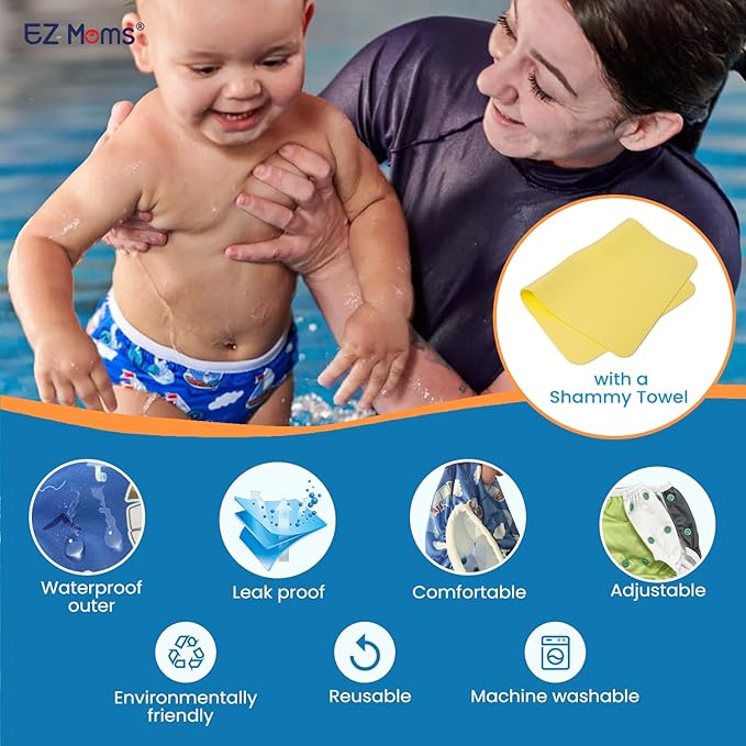 EZ Moms Baby Swim Diapers Reusable 2Pcs Large Size Snap Adjustable Washable One Size Toddler Swim Diaper with a Shammy Towel for Baby Boy Water Diaper Waterproof Swimming Diapers for Swimming Lessons