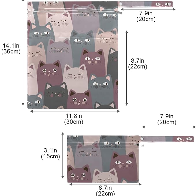 visesunny Funny Grey Cat 2Pcs Wet Bag with Zippered Pockets Washable Reusable Roomy for Travel,Beach,Pool,Daycare,Stroller,Diapers,Dirty Gym Clothes, Wet Swimsuits, Toiletries