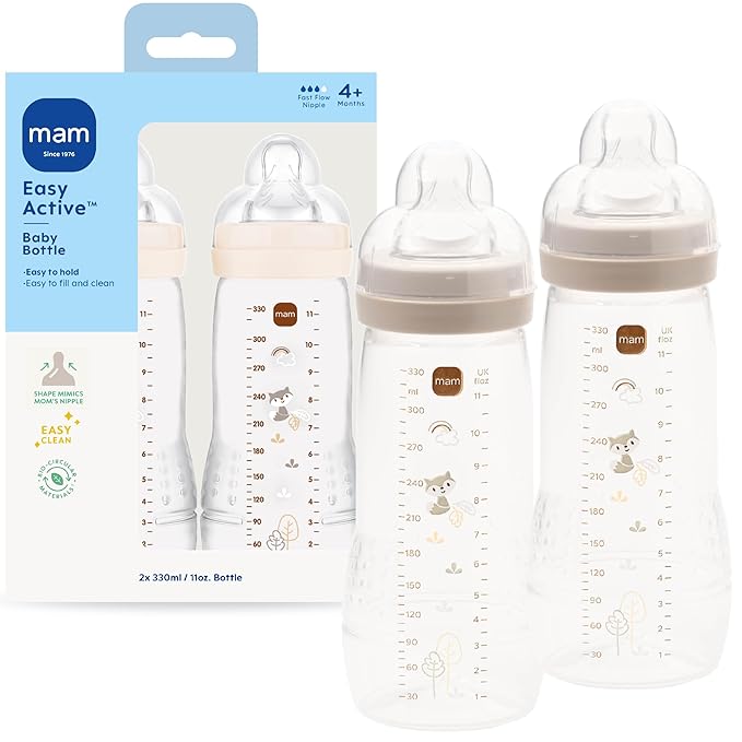 MAM Easy Active Baby Bottle 2 Pack, 11oz, BPA Free, Fast Flow Silicone Nipple, Anti-Slip Grip, Leak-Proof, 4+ Months, Cotton