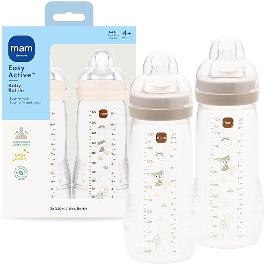 MAM Easy Active Baby Bottle 2 Pack, 11oz, BPA Free, Fast Flow Silicone Nipple, Anti-Slip Grip, Leak-Proof, 4+ Months, Cotton