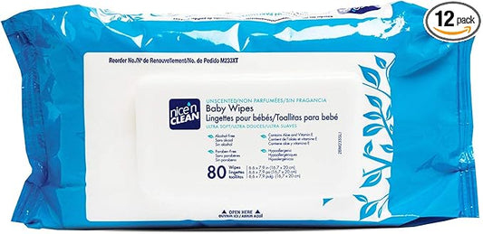 Nice 'N Clean Baby Wipes Soft-Pack with Aloe - Unscented, Hypoallergenic, 80 Wipes (Pack of 12)