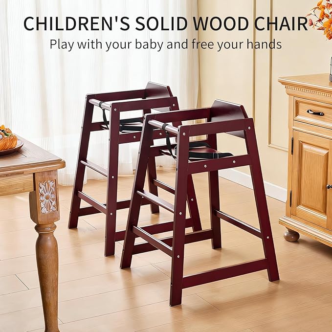 Wooden High Chairs for Babies and Toddlers, Restaurant-Style Stackable High Chair with Commercial Grade Solid Wood for Dining Table & Kitchen, Easy to Clean Baby Booster Seat - Burgundy