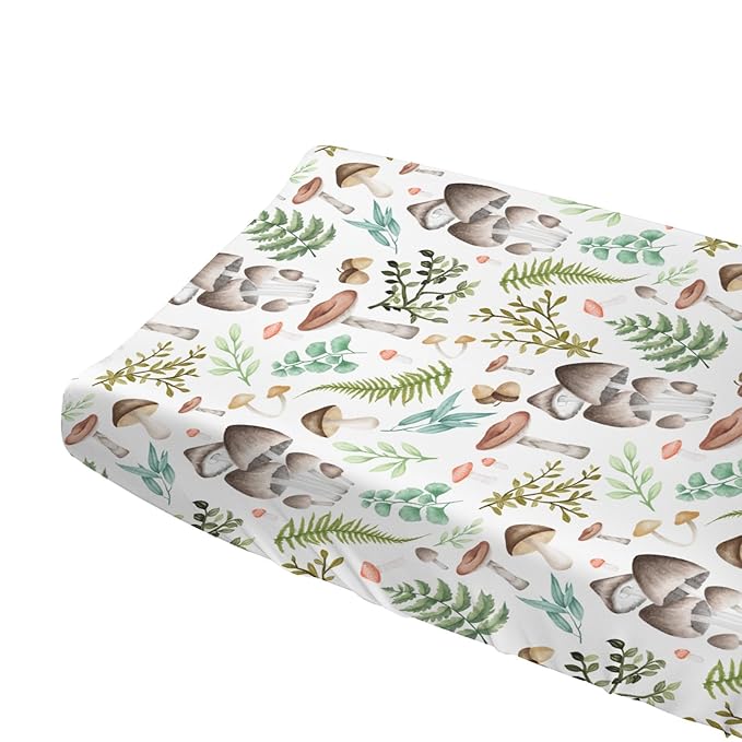 Mushrooms Forest Changing Pad Covers Watercolor Mushroom Green Leaves Diaper Changing Table Sheets for Girl Boy Wild Plant Soft Breathable Stretch Fitted Baby Change Table Mats 32''x16''