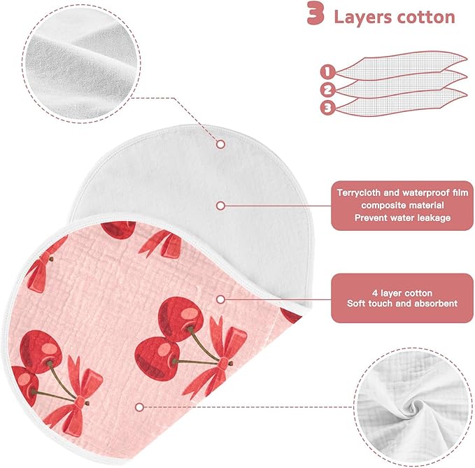 Cherry Bow Pinks Burp Cloths Baby Boys Girls Absorbent Soft Cotton Burping Cloths Rags, 4 Pack