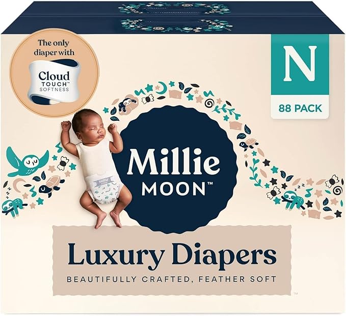 Millie Moon Luxury Diapers – Ultra Soft Cloud Touch Disposable Diapers with 12 Hour Absorbency & Wetness Indicator (N - 88ct)