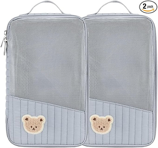 MOMIGO Baby Diaper Bag Organizer Pouches - 2 Pack Waterproof Pod Hanging Diaper Bag Cute Rabbit Bear Mesh Bag Reusable, Washable or Baby Cloth Diapers (Blue)