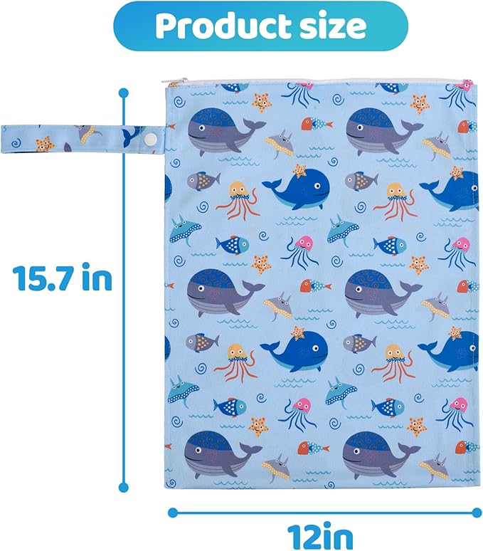 2pcs Cloth Diaper Mess-proof Wet Bags,Waterproof Reusabel Travel Storage Stroller Daycare Soiled Baby Items Beach Pool Yoga Gym Bag for Wet Toddler Swimsuits -Dolphin,Blue