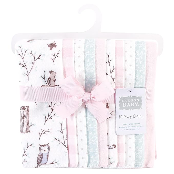 Hudson Baby Unisex Baby Cotton Flannel Burp Cloths, Pink Enchanted Forest, One Size