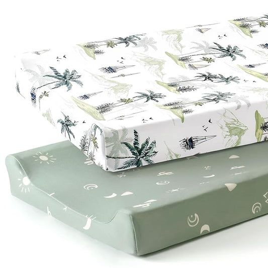 GRSSDER Stretch Ultra Soft Jersey Knit Changing Pad Cover Set 2 Pack, Change Table Pad Covers Fit 32"/34" x 16" Pads Safe and Snug, Sunny Holiday Pattern