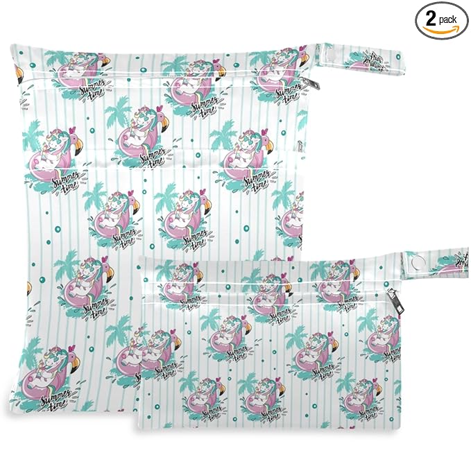 visesunny Unicorn Float On Pink Flamingo Circle 2Pcs Wet Bag with Zippered Pockets Washable Reusable Roomy for Travel,Beach,Pool,Daycare,Stroller,Diapers,Dirty Gym Clothes, Wet Swimsuits, Toiletries