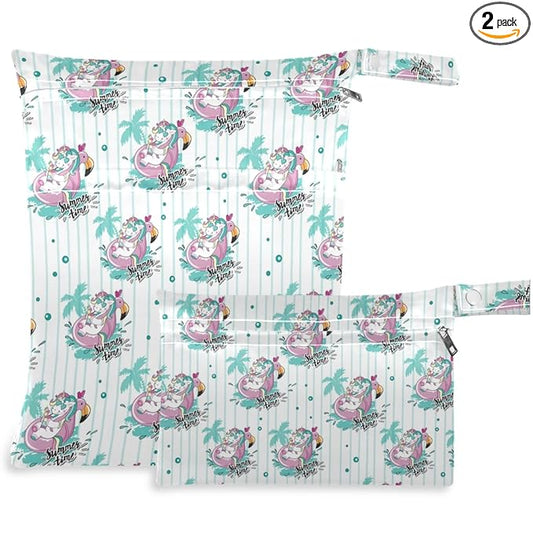 visesunny Unicorn Float On Pink Flamingo Circle 2Pcs Wet Bag with Zippered Pockets Washable Reusable Roomy for Travel,Beach,Pool,Daycare,Stroller,Diapers,Dirty Gym Clothes, Wet Swimsuits, Toiletries
