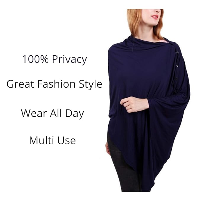 Nursing Cover for Breastfeeding - Infant Car Seat Canopy - Poncho Style with Snap On Buttons - Soft Baby Blanket - Elegant Shawl (Navy Blue)