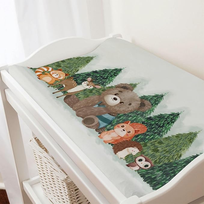 Cute Animals Green Pine Trees Baby Changing Pad Covers Bear Raccoon Squirrel Deer Rabbit Hedgehog Owl Diaper Change Table Cover Sheets for Boys Girls Soft Stretch Changing Table Mats 32''x16''