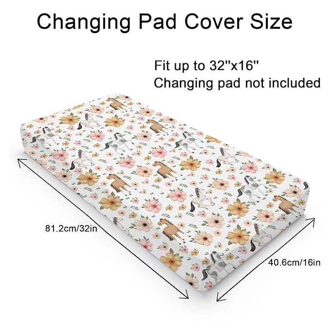 Watercolor Horse Boho Floral Changing Pad Cover Cute Horses Baby Diaper Change Table Pad Cover for Boys Girls Soft Breathable Stretch Snug Fitted Diaper Changing Mat Sheets Covers 32''x16'' White