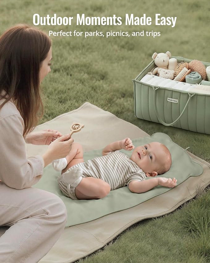 Blissful Diary Vegan Leather Portable Changing Pad, Wipeable & Waterproof Baby Change Mat，Diaper Bag, Travel Essential & Registry Gift, Light Green