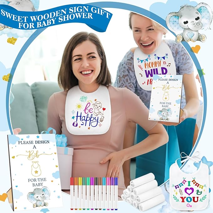 Panitay 100 Pcs DIY Baby Bibs Decorating Kit 50 White Bibs 25 Stencils 24 Markers 1 Baby Shower Game Sign