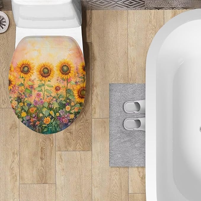 Sunflower Painting Toilet Lid Cover Flannel Fabric Toilet Cover Elastic Edges Seat Covers Soft and Breathable Toilet Lid Covers for Bathroom Fits Most Toilet Lids Yellow